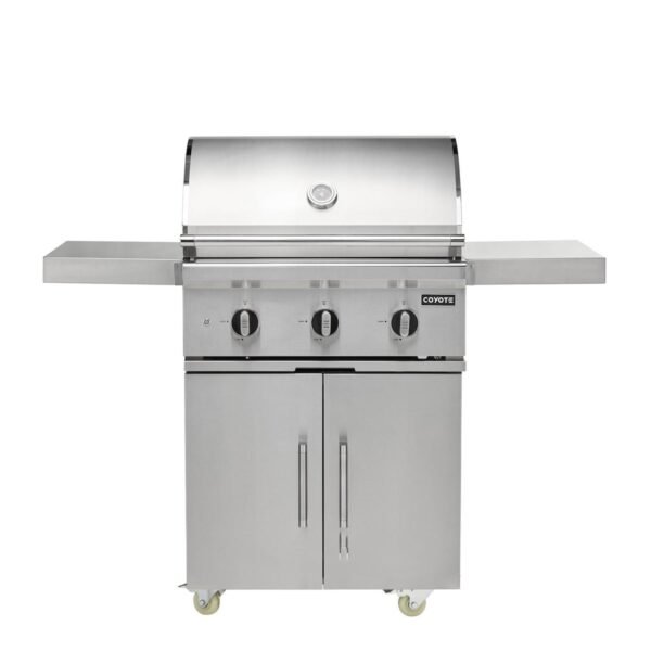 coyote sl-series 30-inch 3-burner Freestanding gas grill with ceramic briquettes, sear burner, infrared rear burner & rotisserie kit