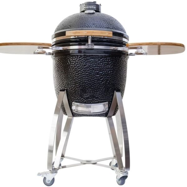 coyote asado ceramic smoker on cart with side shelves