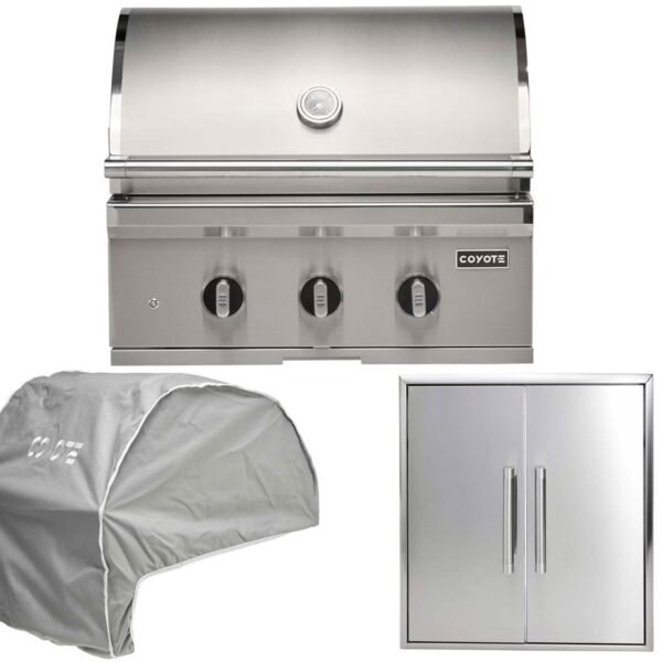 coyote 3-piece sl-series 30-inch 3-burner gas grill outdoor kitchen package with ceramic briquettes, sear burner, infrared rear burner & rotisserie kit