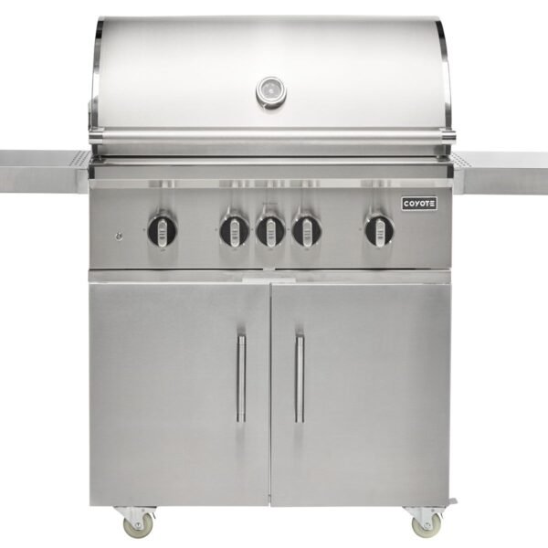 coyote sl-series 36-inch 5-burner freestanding gas grill on cart with ceramic briquettes, sear burner, infrared rear burner & rotisserie kit