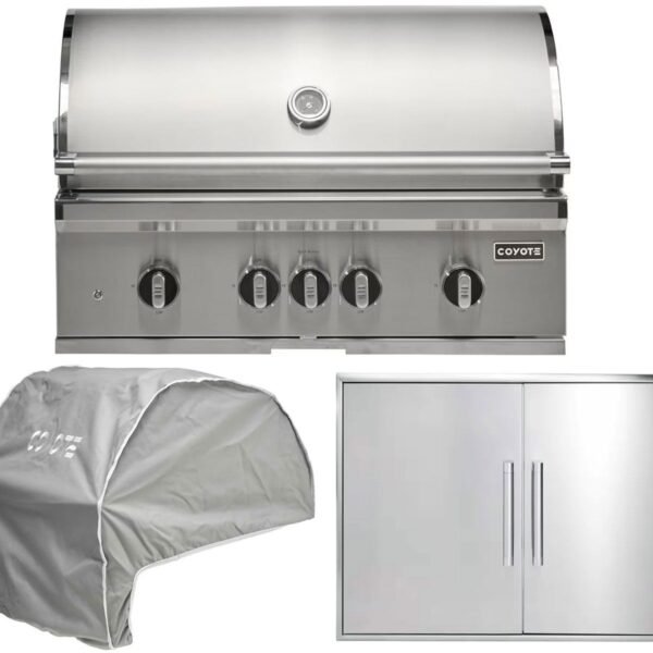 coyote 3-piece sl-series 36-inch 5-burner gas grill outdoor kitchen package with ceramic briquettes, sear burner, infrared rear burner & rotisserie kit