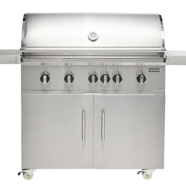 coyote sl-series 42-inch 6-burner freestanding gas grill on cart with ceramic briquettes, sear burner, infrared rear burner & rotisserie kit