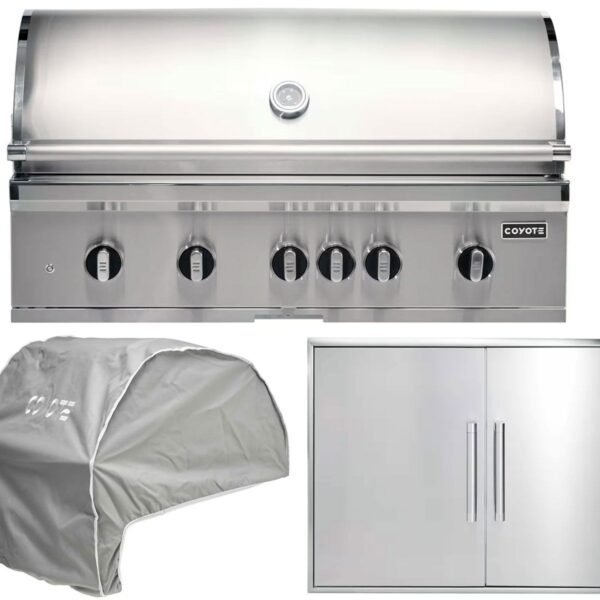 coyote 3-piece sl-series 42-inch 6-burner gas grill outdoor kitchen package with ceramic briquettes, sear burner, infrared rear burner & rotisserie kit
